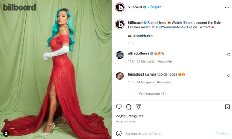 La popular "Bichota" y un vestido de infarto durante la premiación. (Foto: Billboard/Instagram)