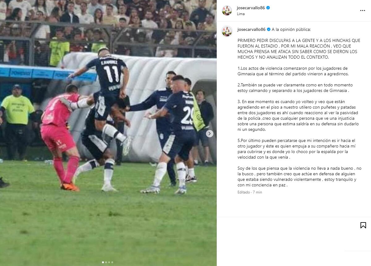Carvallo y los detalles en la pelea luego del Universitario vs. Gimnasia (Captura)