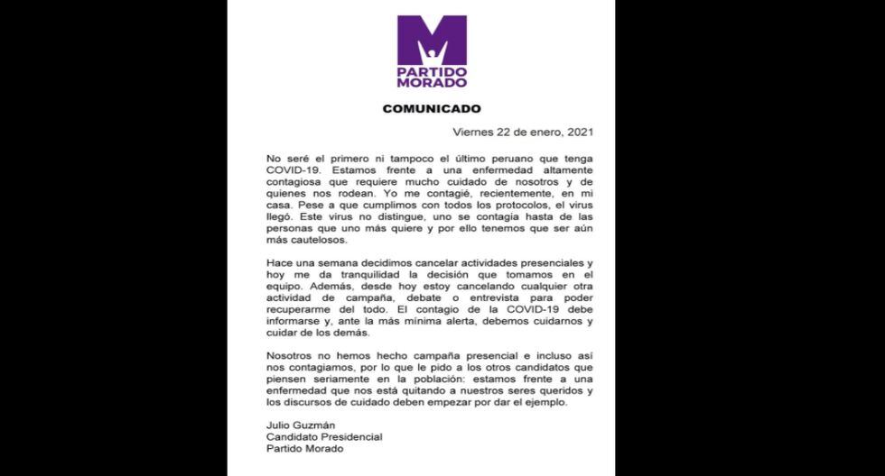 Comunicado de Julio Guzmán tras dar positivo a COVID-19. (Partido Morado/Twitter)