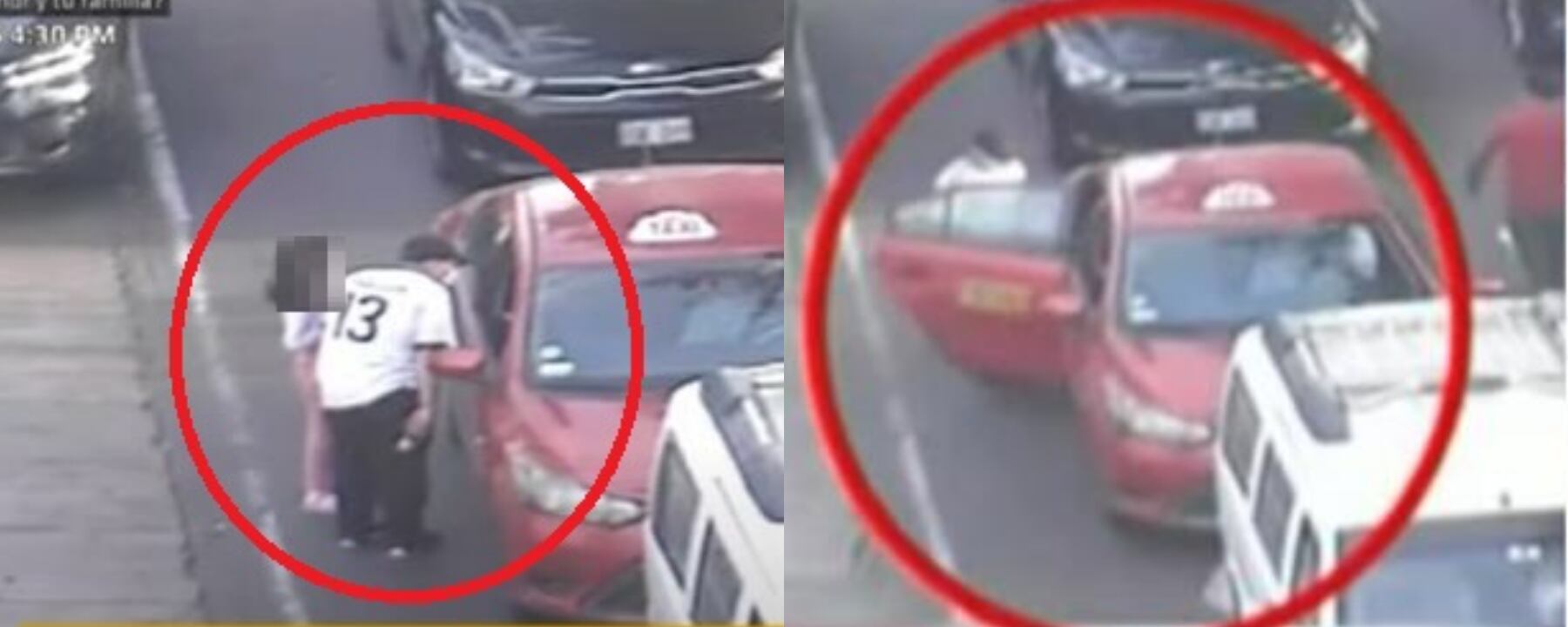 Momento en que la menor aborda con el sujeto el taxi color rojo de placa F7C-193 en el cruce de las avenidas Los Ingenieros y Constructores. (Captura: América Noticias)