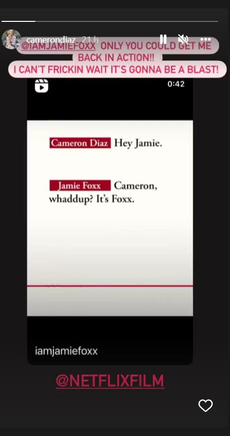 La posible fecha de lanzamiento de Back In Action aún no se ha anunciado. (Instagram/ @CameronDiaz)