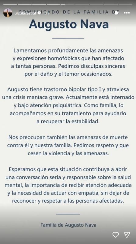 Comunicado de la familia de Augusto Nava