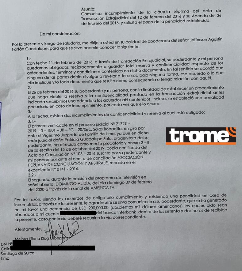 Carta enviada a Jefferson Farfán