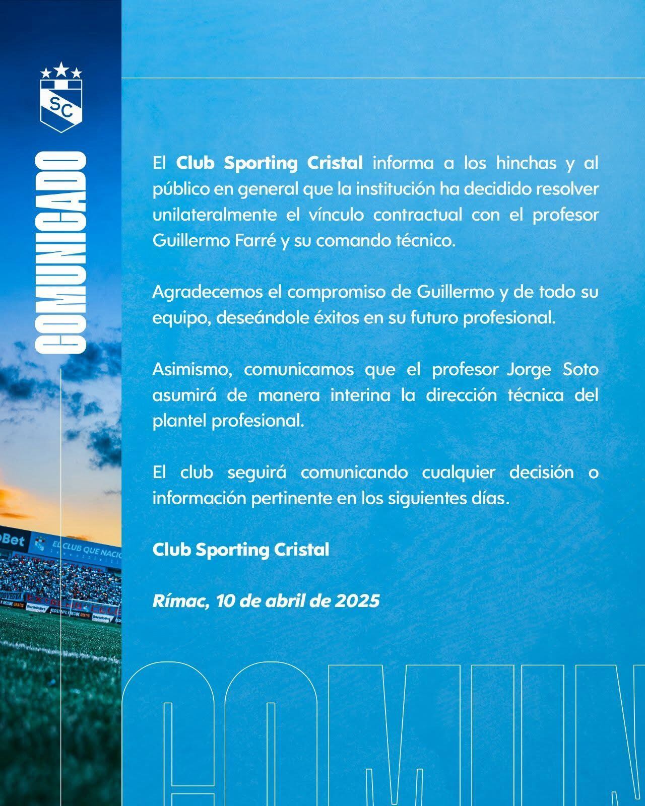 Comunicado de Sporting Cristal sobre la salida de Guillermo Farré (Foto: Sporting Cristal).