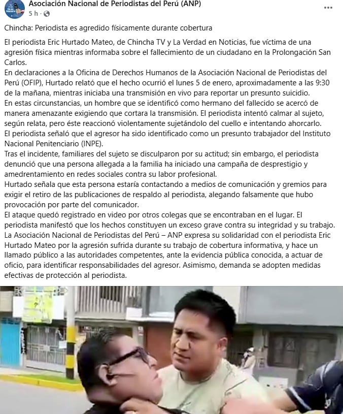 Un periodista en Chincha fue agredido por un sujeto. (Foto: Difusión)