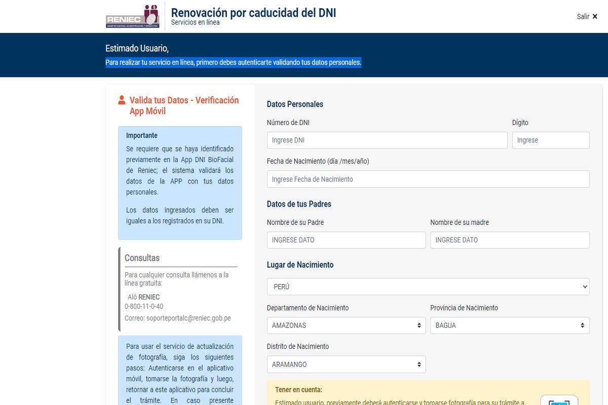 Para realizar el servicio en línea primero deberá autenticar sus datos personales (Foto: Reniec).
