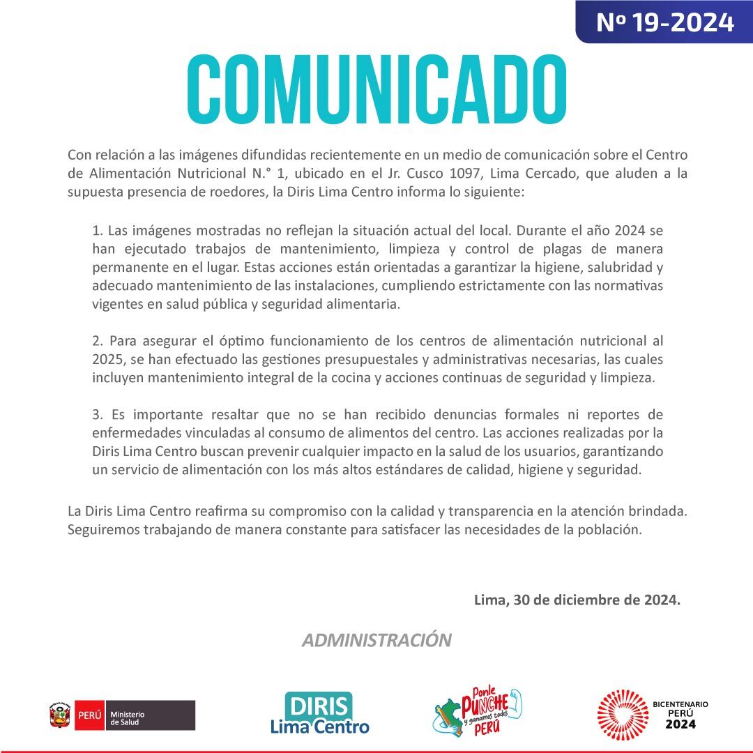 Comunicado del DIRIS Lima Centro sobre la presencia de roedores en comedor.