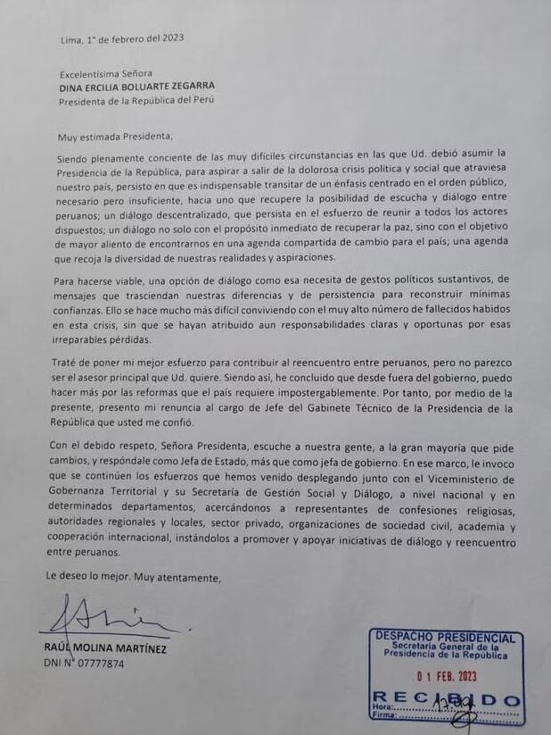 Carta que Raúl Molina le envió a Dina Boluarte. Foto: GEC