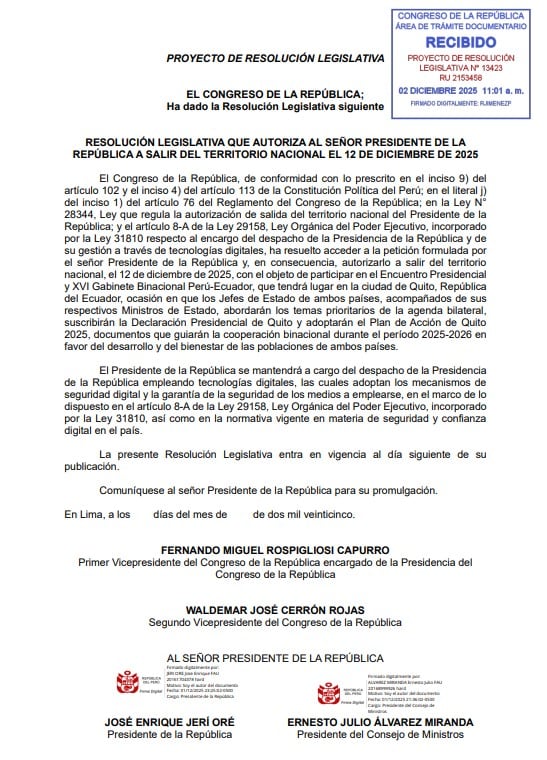 Congreso autoriza viaje de Jerí a Ecuador.