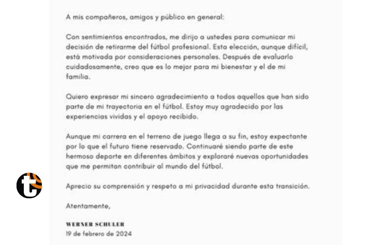 Werner Schuler compartió carta de despedida con sus seguidores (@Werner.Schuler)