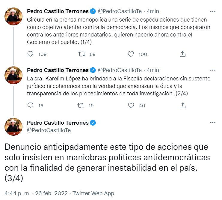 Pedro Castillo dijo que Karelim López ha dado declaraciones sin sustento jurídico. (Foto: Presidencia)