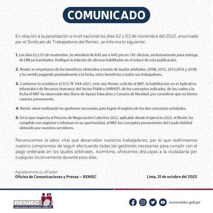 Los días 2 y 3 de noviembre, el Reniec brindará atención para el recojo del DNI en 181 oficinas a nivel nacional.