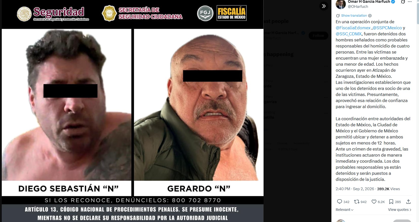 Omar García Harfuch, secretario de Seguridad y Protección Ciudadana, informó que Diego Sebastián “N” y Gerardo “N” fueron detenidos.