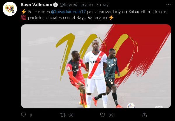 Luis Advíncula llegó a los 100 partidos con Rayo Vallecano. (Captura: Twitter)