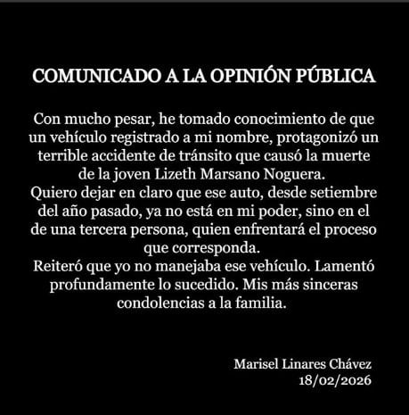 Comunicado de Marisel Linares sobre el caso de Lizeth Marzano. Foto: Instagram