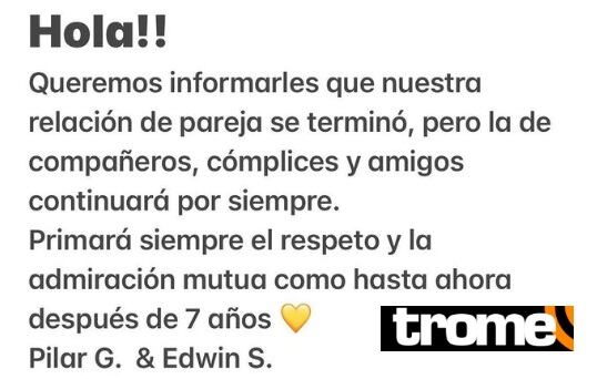 Edwin Sierra y Pilar Gasca anuncian su ruptura.