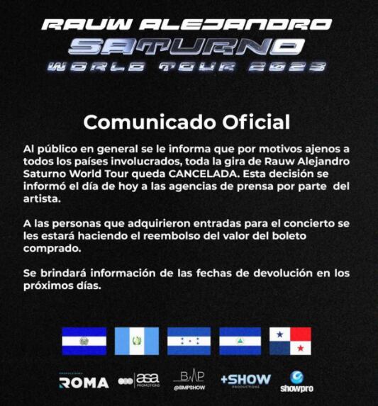 Comunicado de Rauw Alejandro suspendiendo concierto.