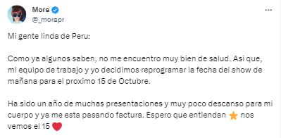 Mora anunció que aplaza su concierto en Perú. Foto: Cuenta en X de Mora