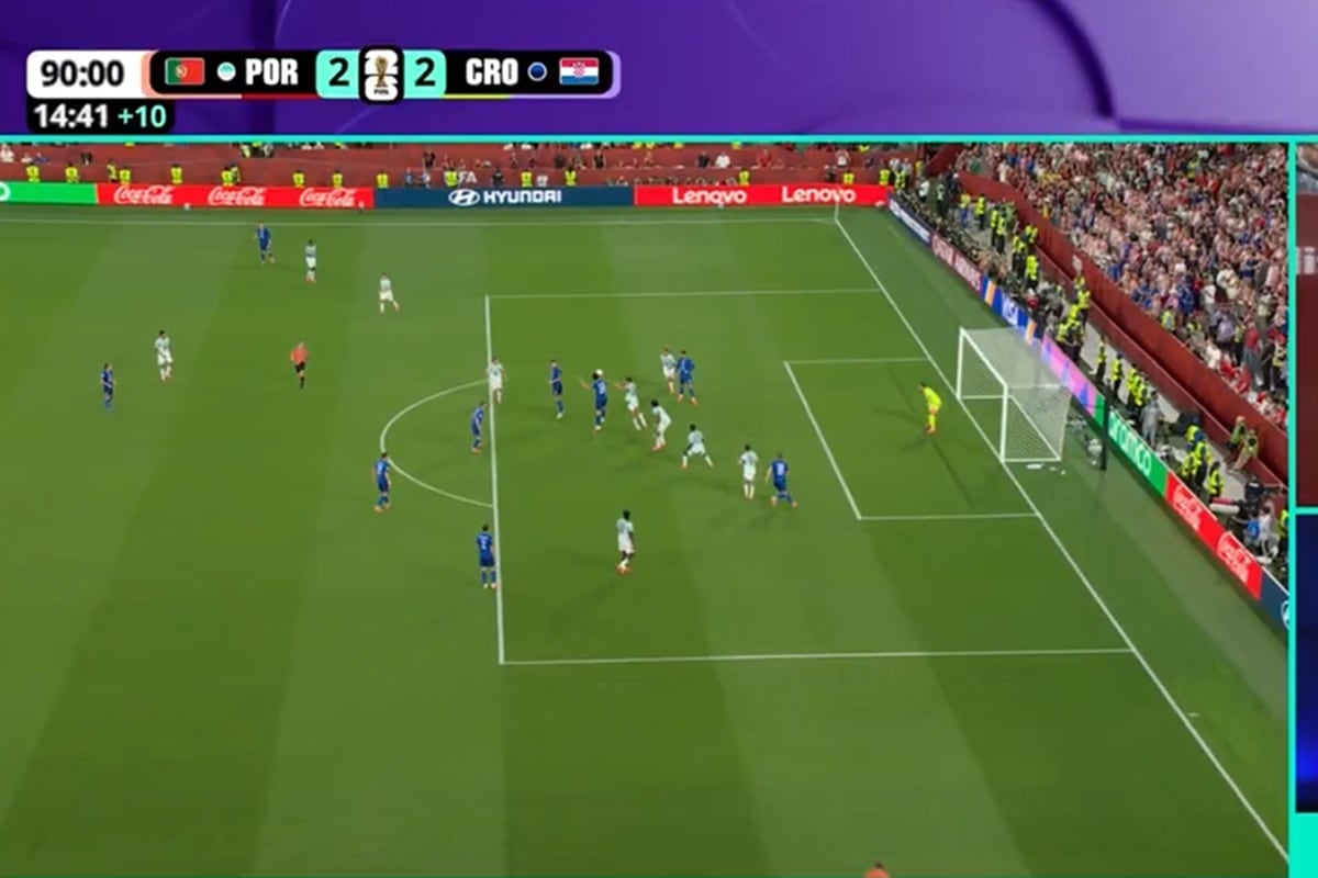 El VAR anuló el 2-2 de Croacia y mantuvo la ventaja de Portugal, tras una posición adelantada de Mario Pasalic previo al gol de Josko Gvardiol, el 2 de julio de 2026. (Captura de X @DSports)