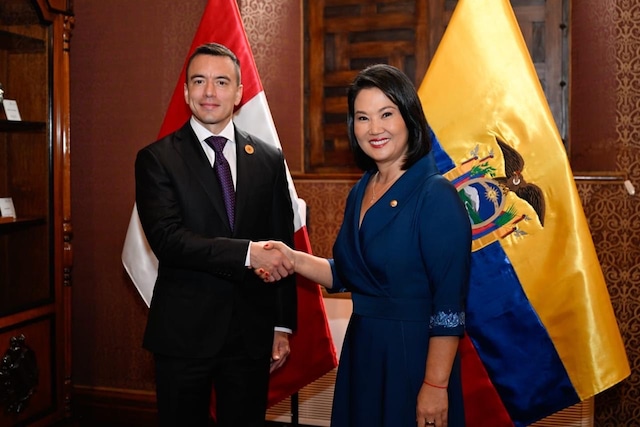 Keiko Fujimori en una reunión con el presidente de Ecuador, Daniel Noboa. Foto: EFE/ @CancilleriaPeru