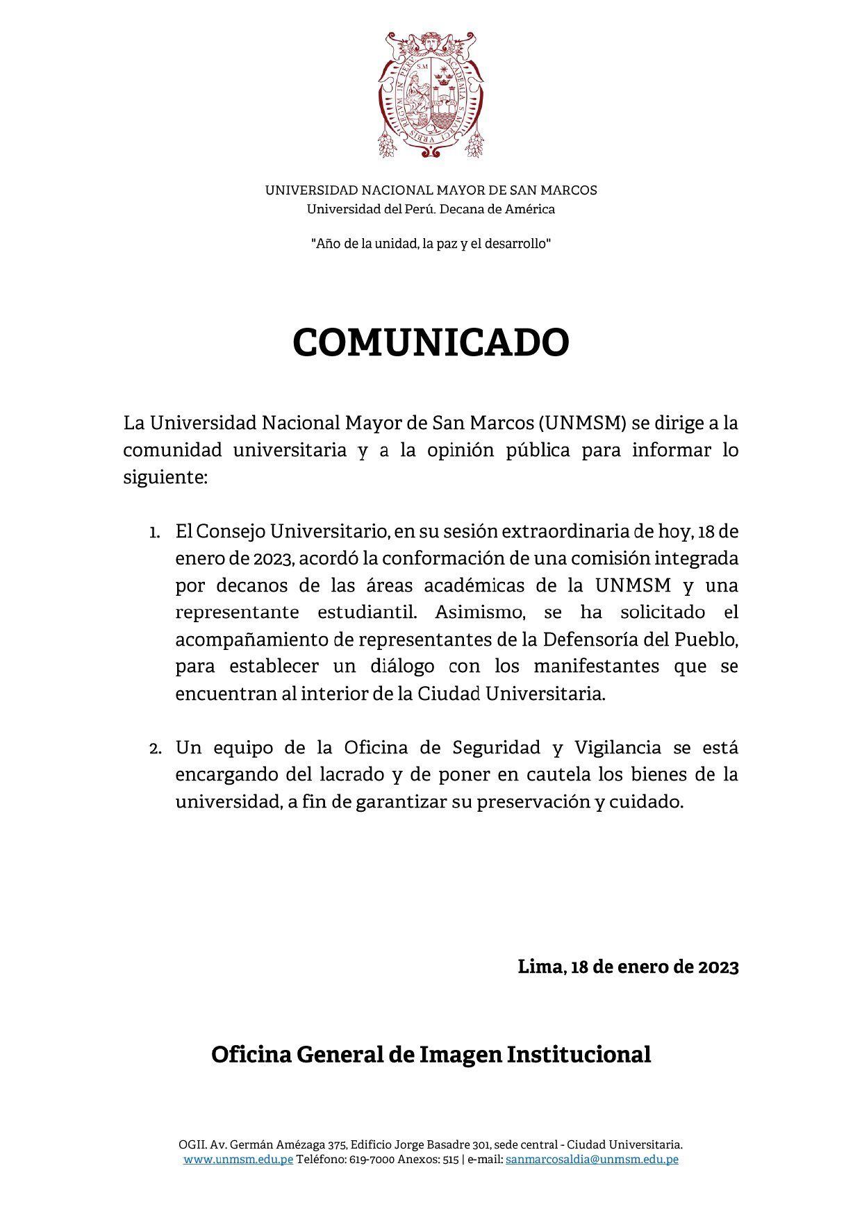 Comunicado de la UNMSN sobre manifestantes en el campus universitario.