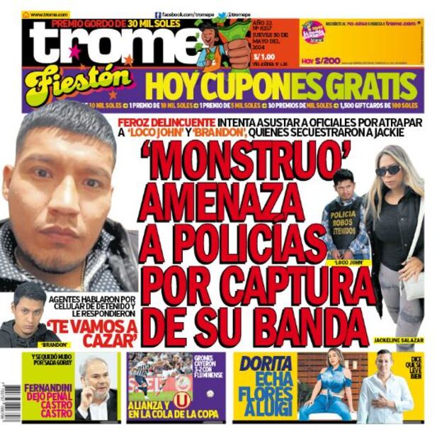Portada impresa de Trome del jueves 30 de mayo de 2024