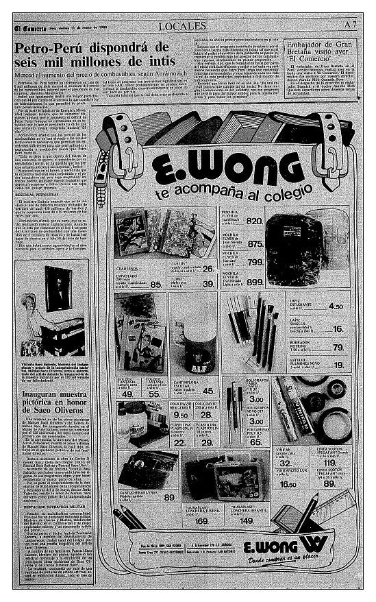 Aquí se observa un aviso publicitario de E.Wong de marzo de 1988. (Foto: Archivo Histórico de El Comercio)