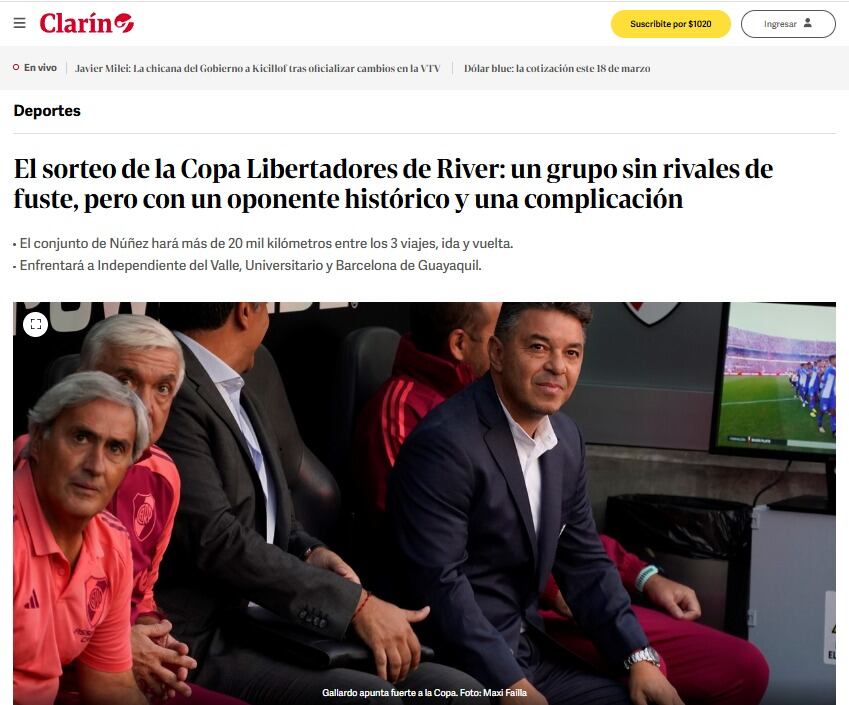 "El sorteo de la Copa Libertadores de River: un grupo sin rivales de fuste, pero con un oponente histórico y una complicación", fue el comentario de Clarín.