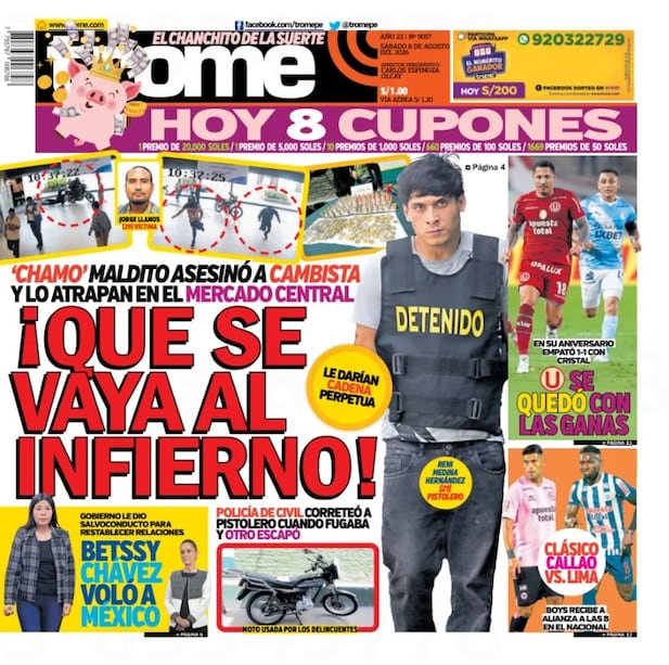 Portada Trome del sábado 8 de agosto de 2026