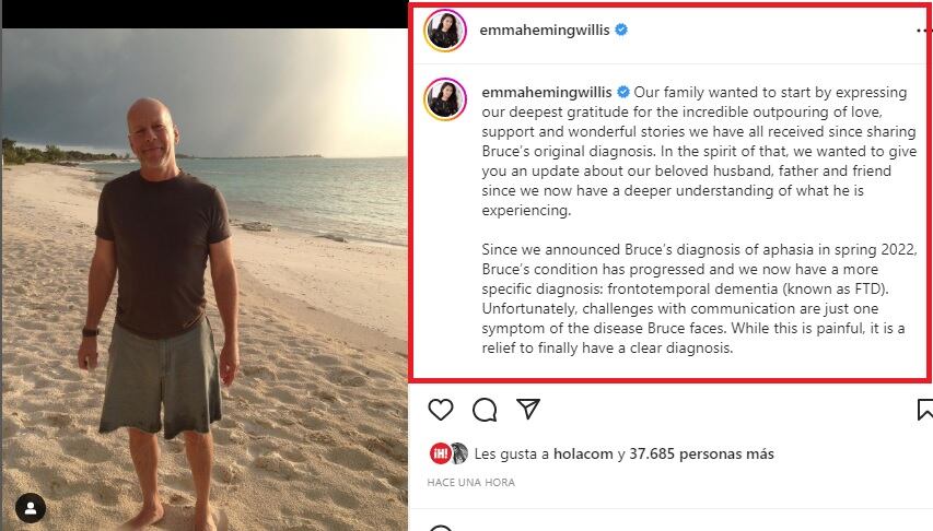 Comunicado de la familia de Bruce Willis. (Foto: @emmahemingwillis).