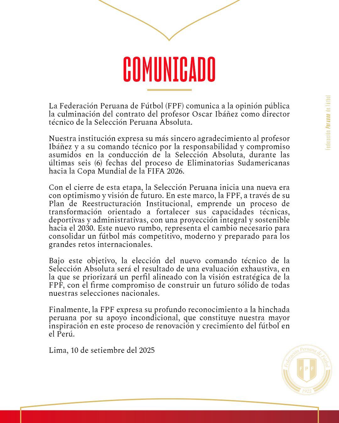 FPF hizo oficial la salida de Óscar Ibáñez de la Selección Peruana. (Foto: FPF)