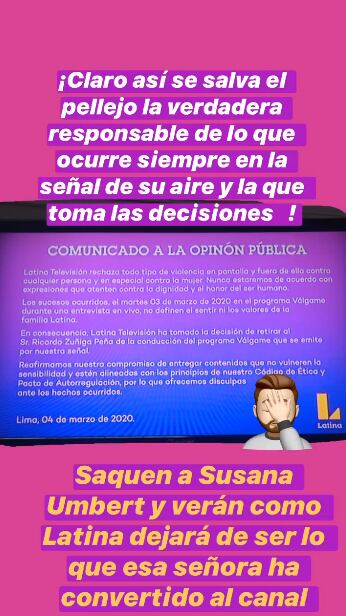 Peluchín culpa a Susana Umbert y pide que la saquen de Latina