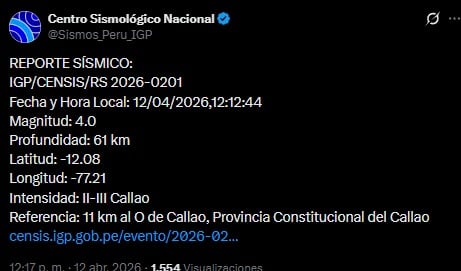 Temblor se registró a 11 kilómetros al oeste del Callao (@CSN)