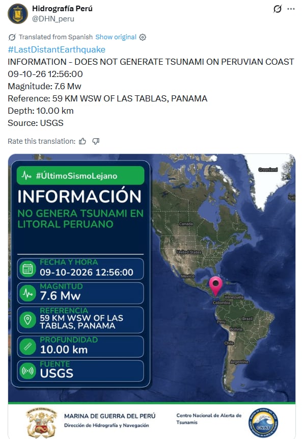 Sismo Panamá no genera alerta de tsunami en Perú, según la Marina de Guerra.
