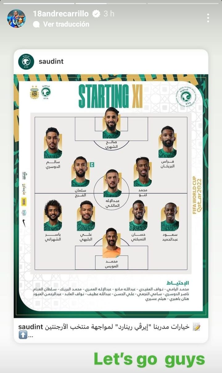 André Carrillo festejó victoria de Arabia Saudita sobre Argentina (Captura)