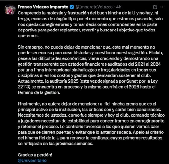 Franco Velazco respondió ante las críticas de los hinchas de Universitario. (@gec)