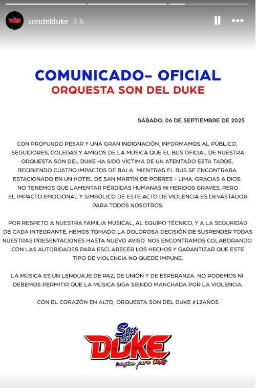 Comunicado de la orquesta 'Son del Duke' luego que su bus fuera atacado a balazos.