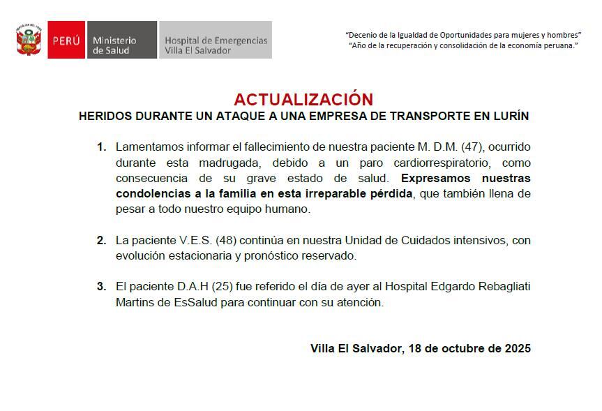 Hospital de Villa El Salvador confirma fallecimiento de madre de familia tras atentado a combi en Lurín.