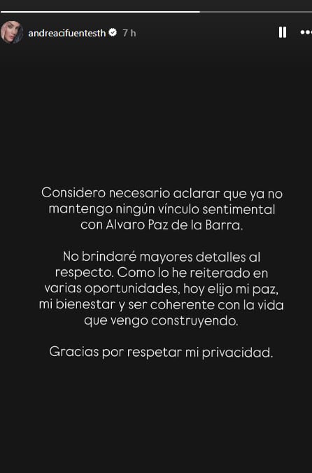 Comunicado de Andrea Cifuentes en su cuenta de Instagram.