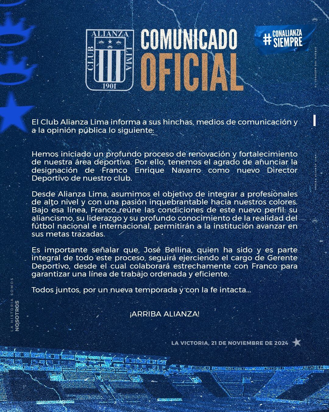 Comunicado de Alianza Lima sobre la contratación de Franco Navarro. (X)