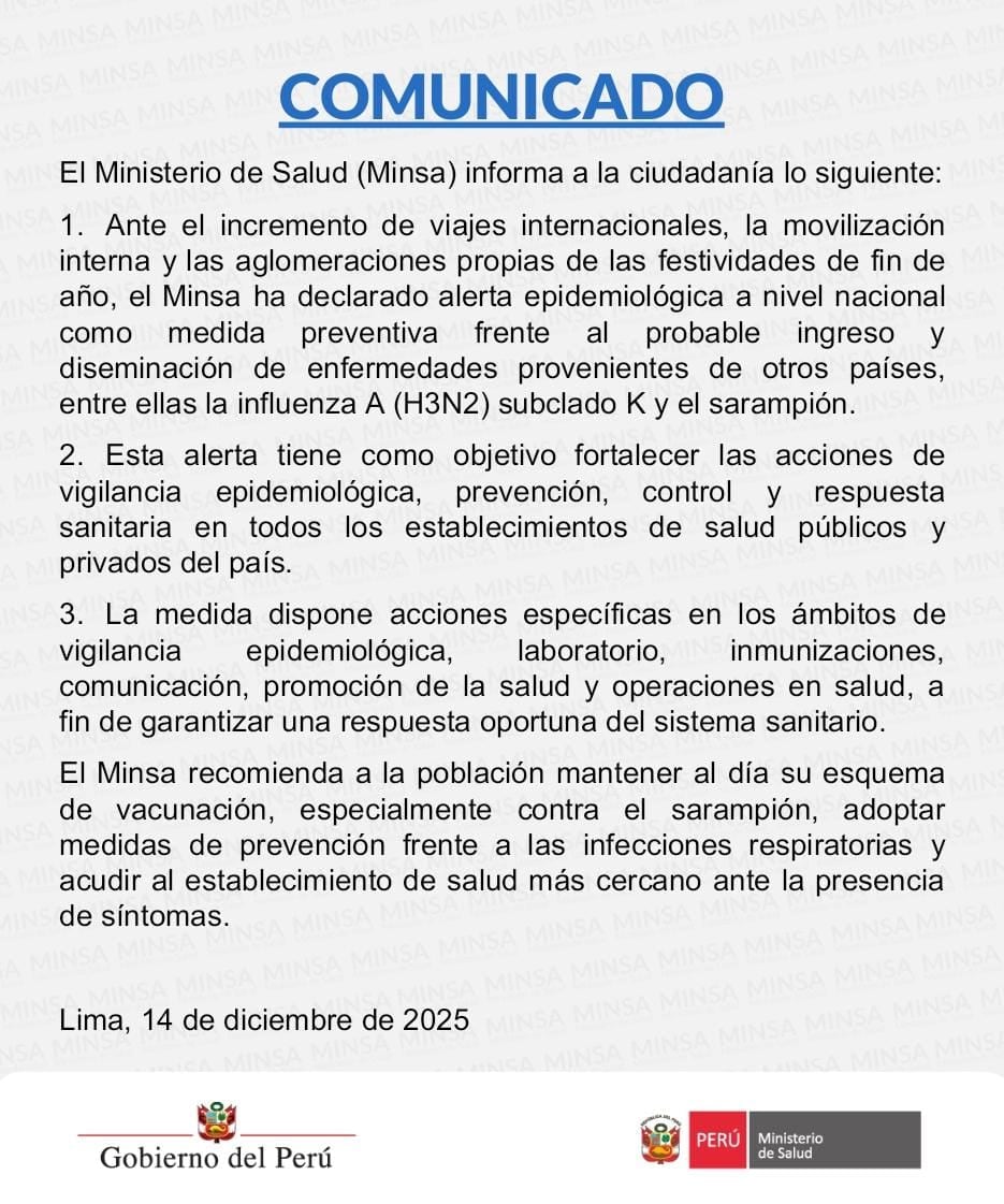 Minsa declara alerta epidemiológica nacional ante posible ingreso de influenza A H3N2