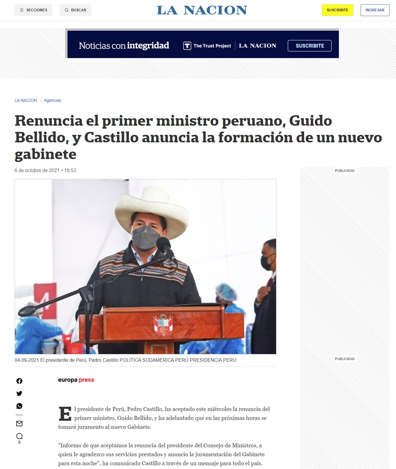 Renuncia de Guido Bellido en La Nación.