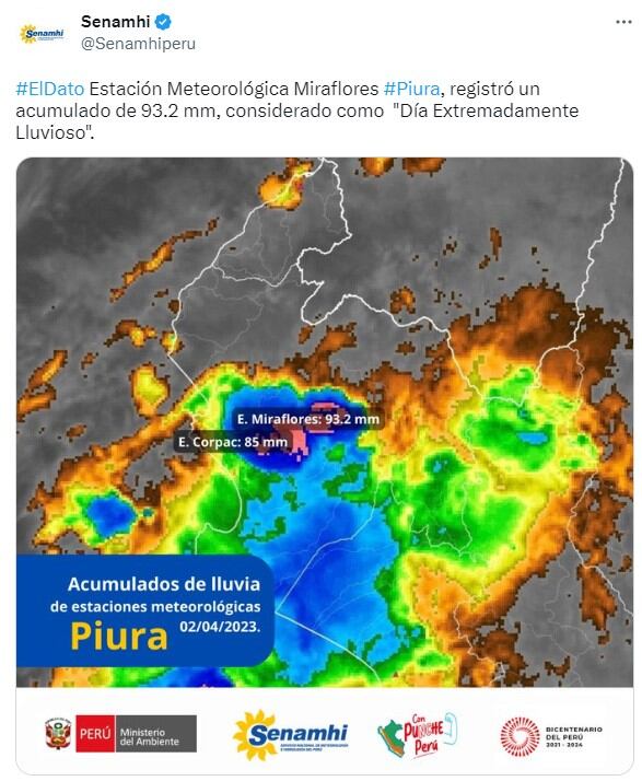 Senamhi indicó que Pira tiene una acumulación de agua de 93.2 mm. Foto: captura Twitter