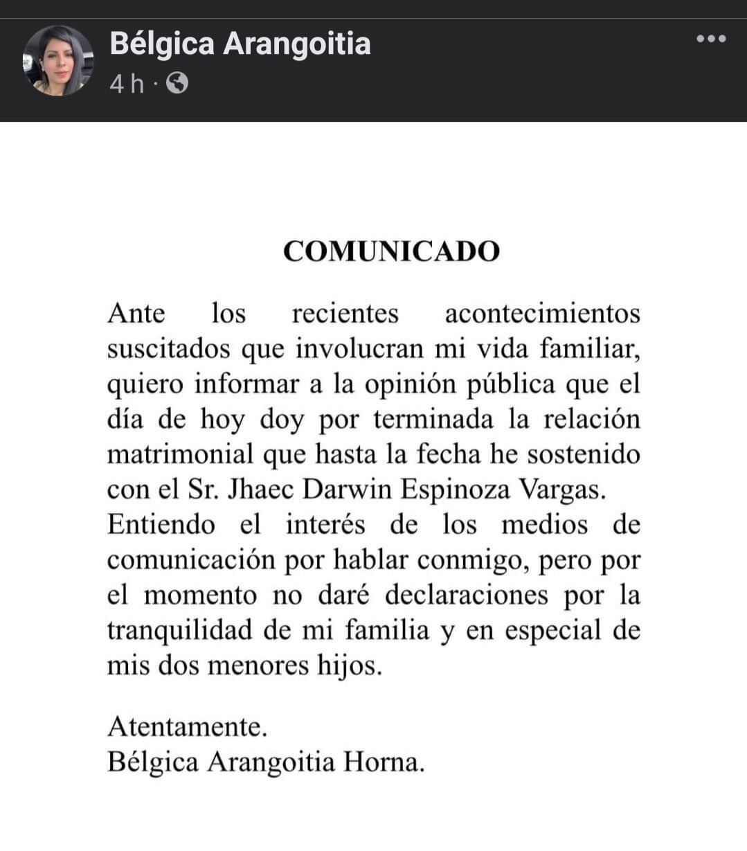 En comunicado anunció que terminó su relación con legislador tras difusión de imágenes con supuesta amante a la que contrataron en Congreso.
