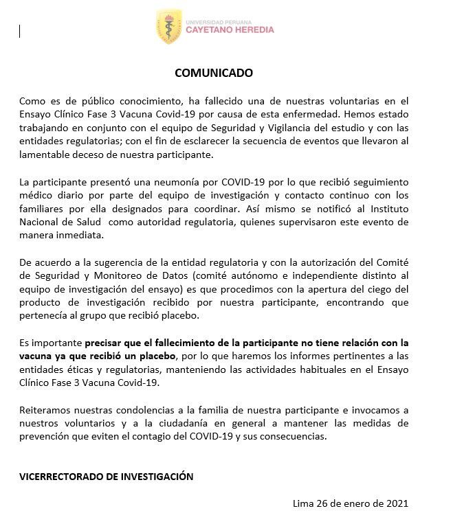 La UPCH informó que voluntaria recibió un placebo.