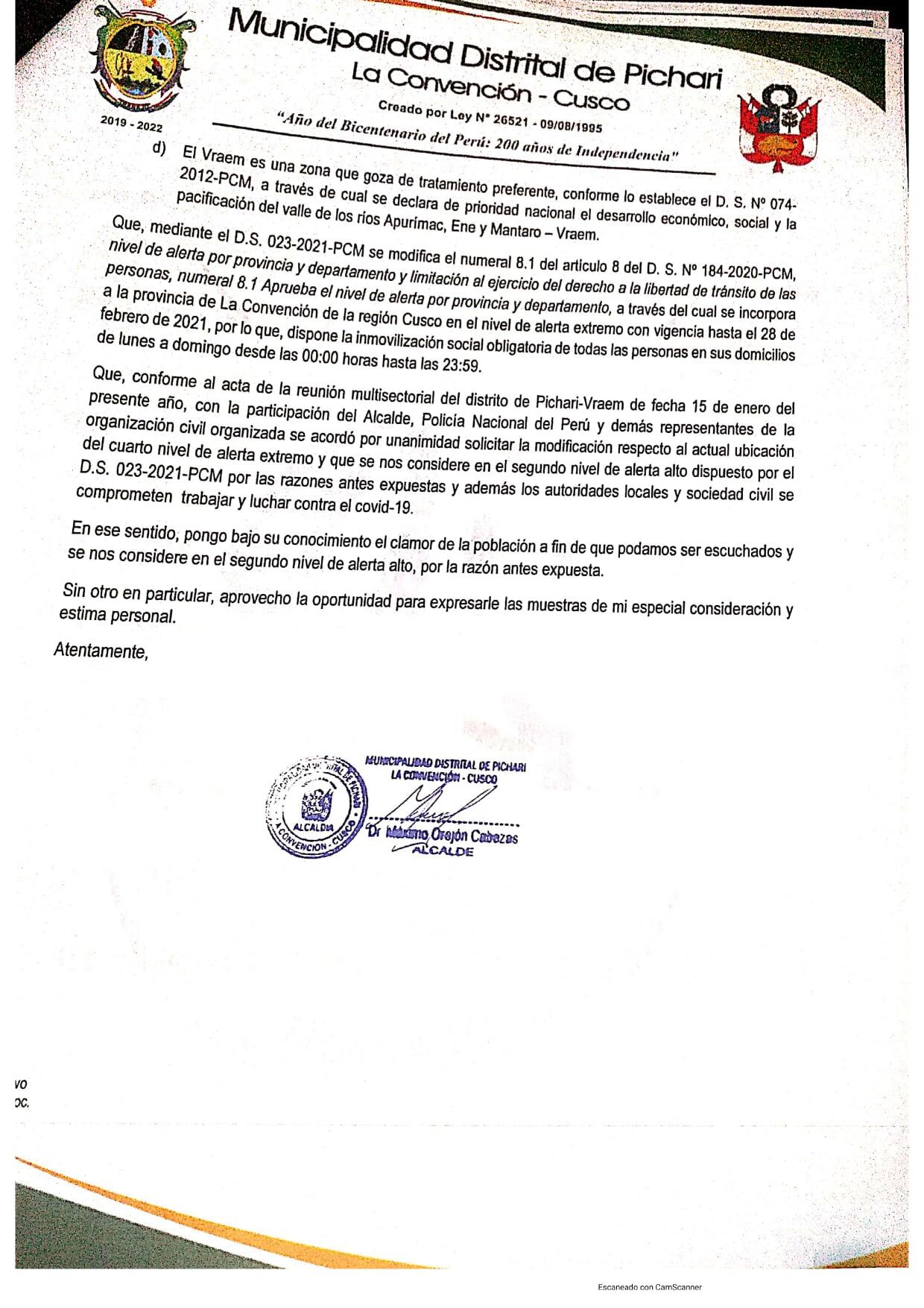 Documento exponiendo motivos (Foto: Municipalidad de Pichari)