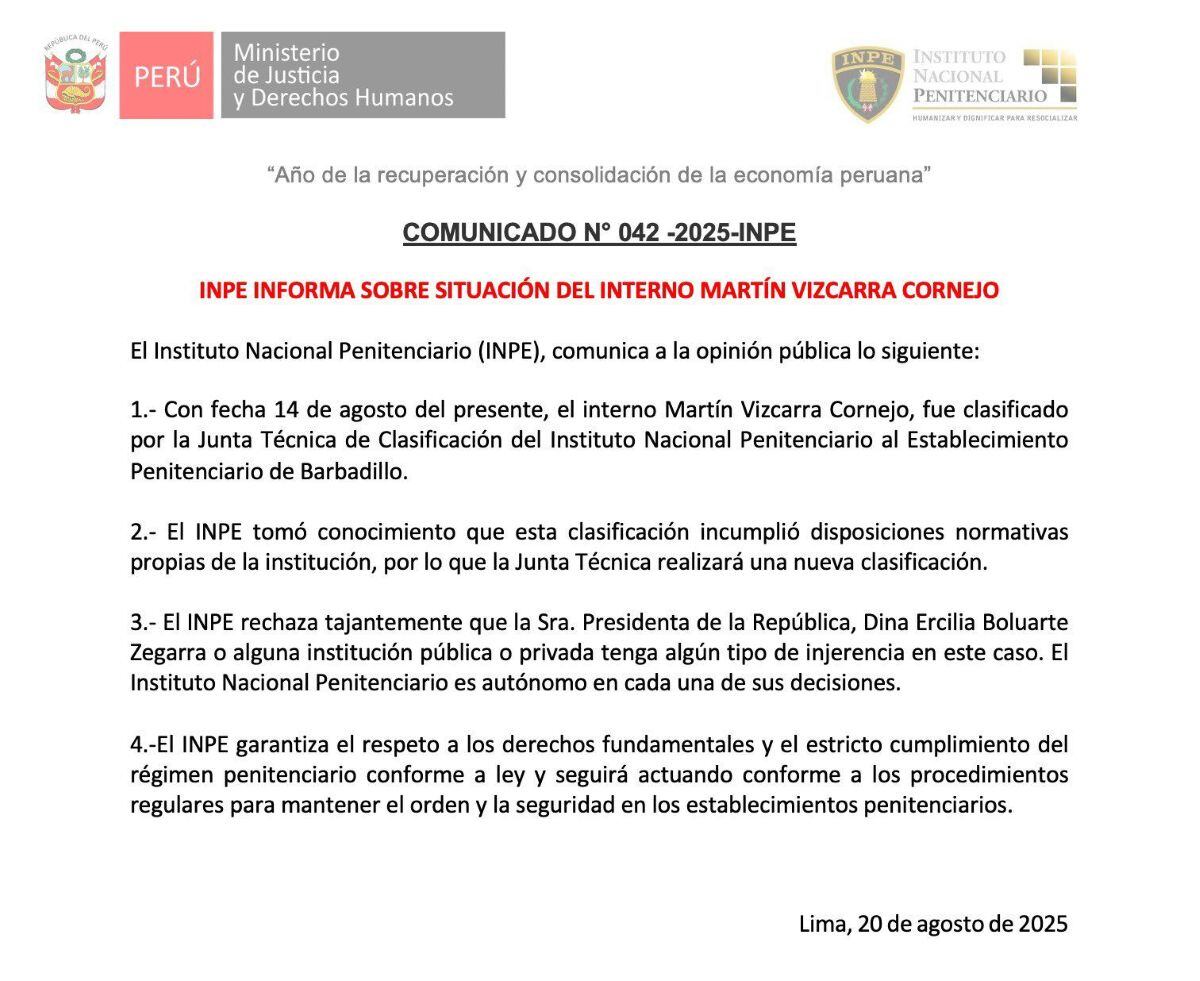 INPE niega injerencia del Ejecutivo en decisión sobre Martín Vizcarra. Foto: INPE.