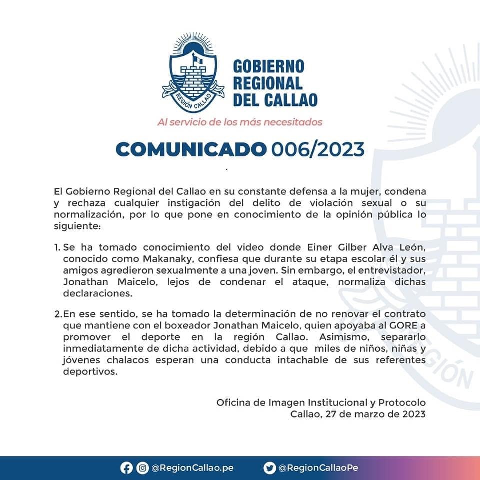 Gobierno Regional del Callao anunció la salida de Jonathan Maicelo del Gobierno Regional.