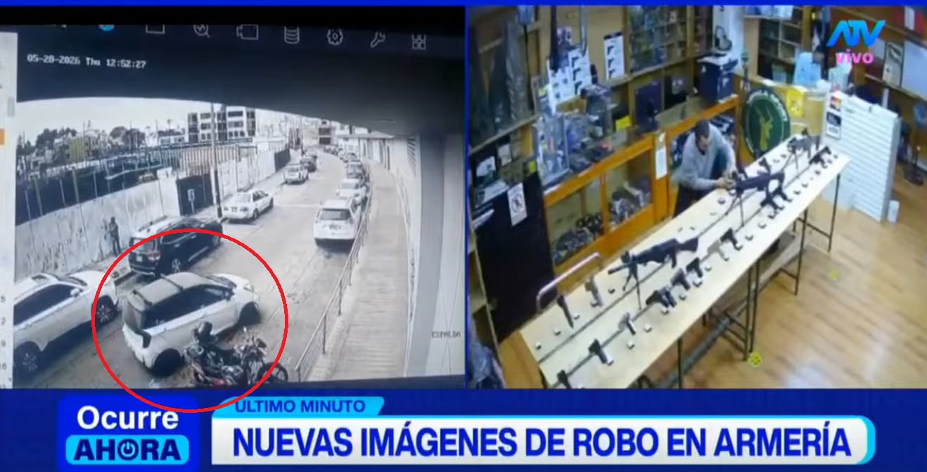 Cámara registró a delincuentes llegando en un vehículo antes de asaltar armería en Surco. Se estacionaron a la espalda de centro comercial.