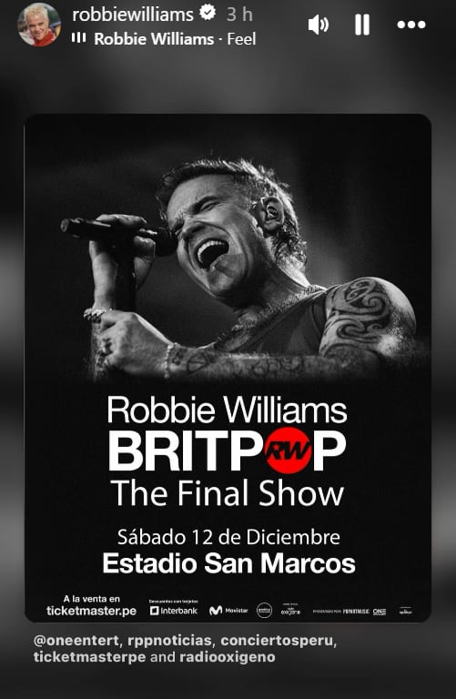 Robbie Williams vuelve al Perú el 12 de diciembre.